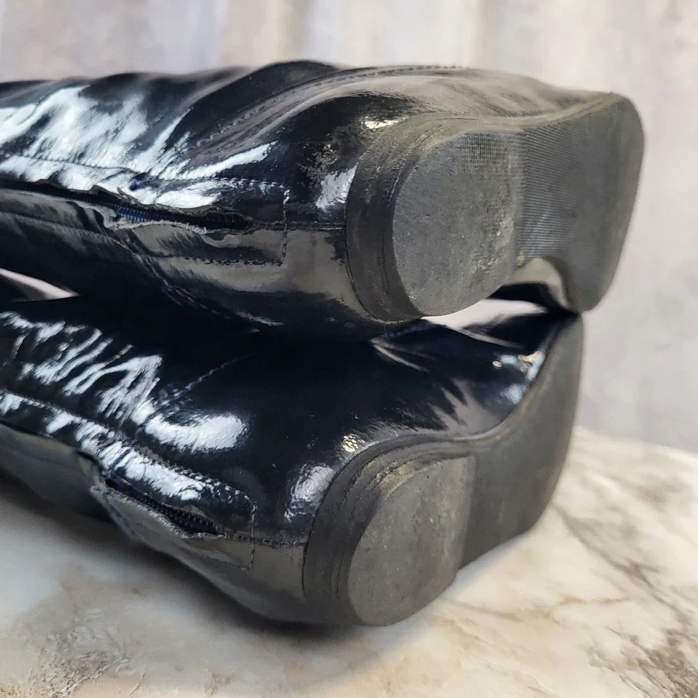 Lanvin Patent Leather Knee High Back Zip Boots Dark Blue Women's Size 6